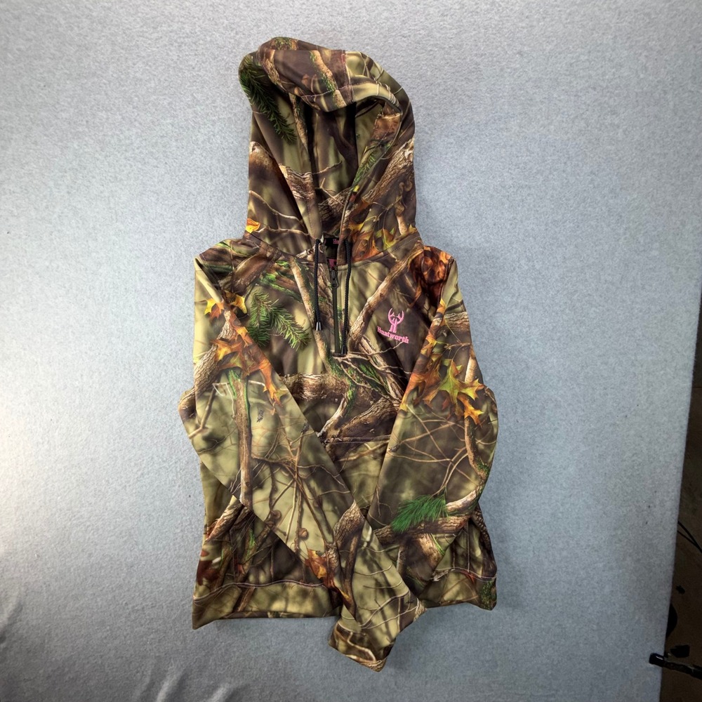 Huntworth Womens Large Camo 1/4 Zip Pullover Hoodie Pink Logo Real Tree‎ 0758